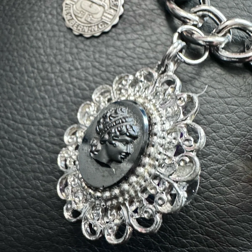 Custom Handmade Charm Bracelet BLACK ONYX CAMEO Repurposed Silvertone Chain 4343